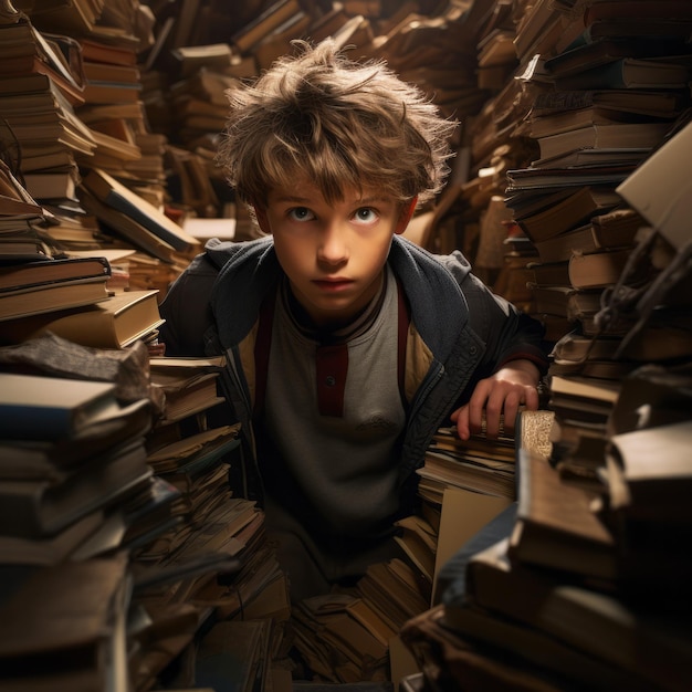 Un enfant perdu dans le labyrinthe des livres géants