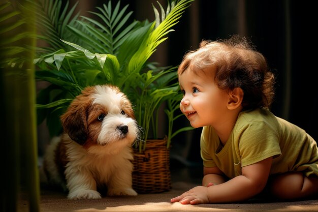 Un enfant et un petit chiot essaient de se cacher derrière une petite plante.