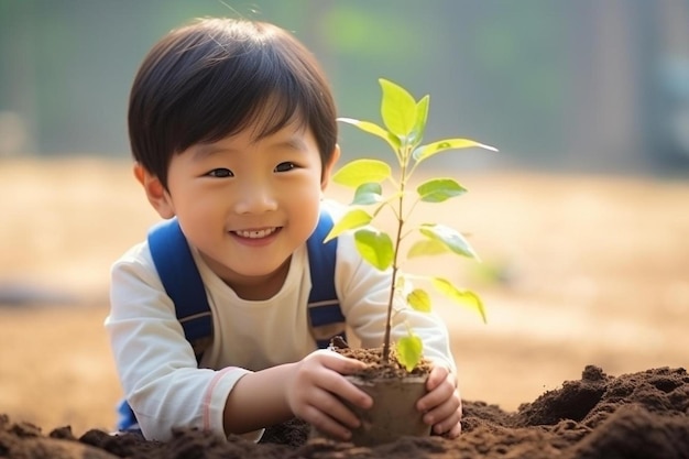 un enfant avec une plante dans les mains