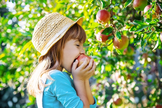 Enfant avec une pomme. Mise au point sélective. Jardin.