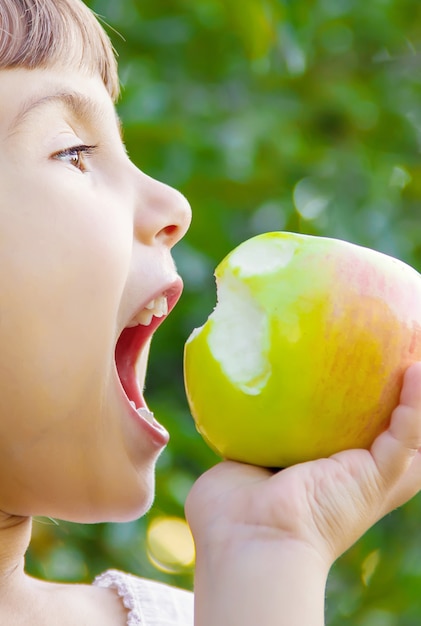 Enfant avec une pomme. photo. la nature