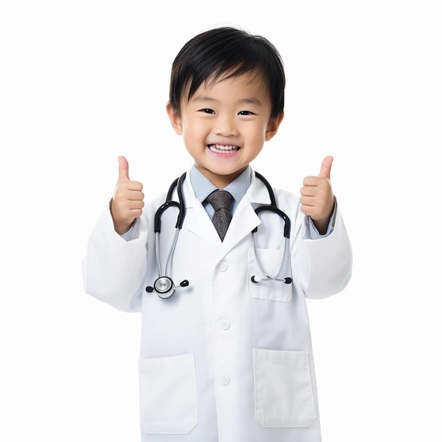 Un enfant portant une blouse de laboratoire qui dit "il lève le pouce".