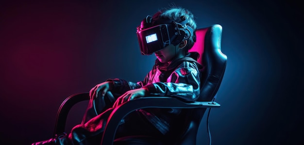 Un enfant portant un casque vr est assis sur une chaise.