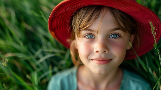 Un enfant portant un chapeau rouge sur un fond d'herbe verte