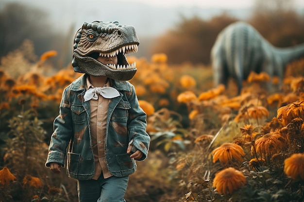 enfant portant un costume d'Halloween de dinosaure dans une cour extérieure