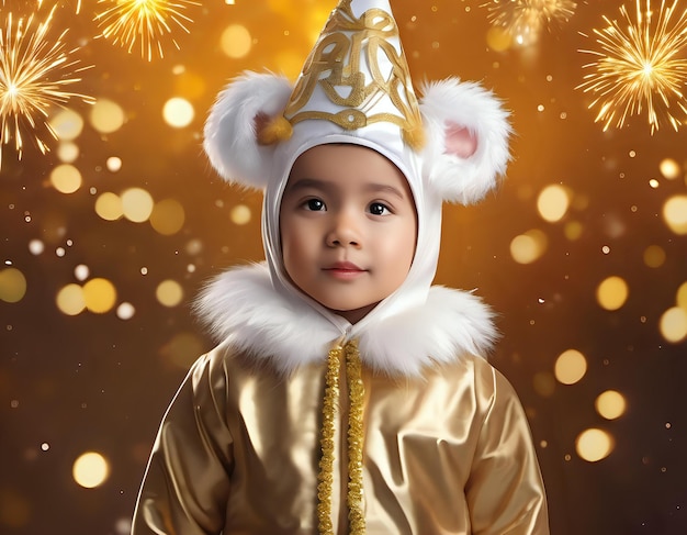 Un enfant portant un costume et un masque du Nouvel An