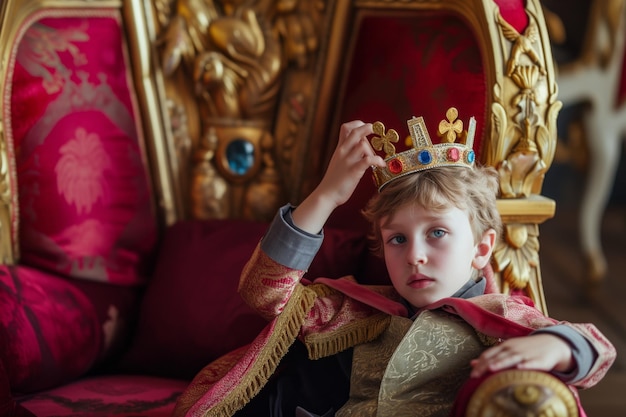 Un enfant portant une couronne avec un trône royal.