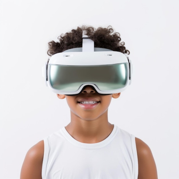 Un enfant porte des lunettes visuelles et profite de la réalité virtuelle sur un fond blanc