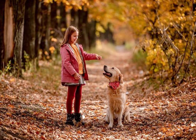 Enfant préadolescente avec chien golden retriever jouant avec des feuilles jaunes au parc d'automne et s'amusant ensemble. Beau portrait d'enfant et d'animal familier doggy sautant dehors à la nature