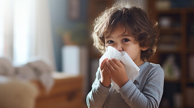 Un enfant présentant des symptômes de la maladie de la grippe au nez qui coule ou bouché