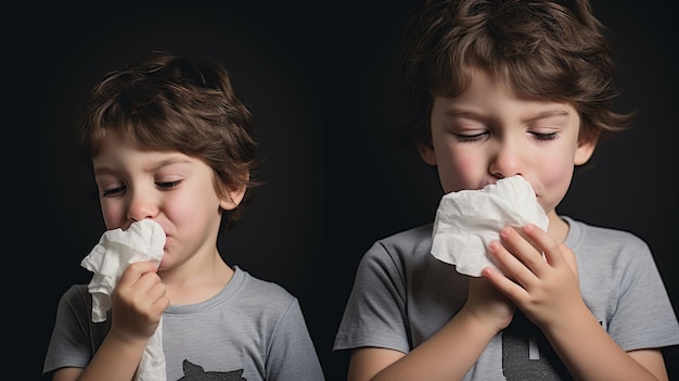 Un enfant présentant des symptômes de la maladie de la grippe au nez qui coule ou bouché