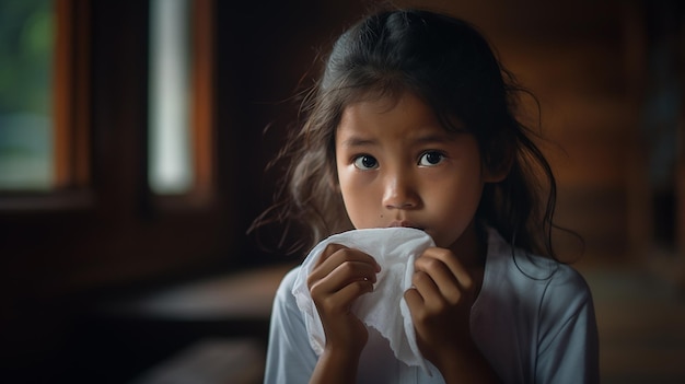 Un enfant présentant des symptômes de la maladie de la grippe au nez qui coule ou bouché