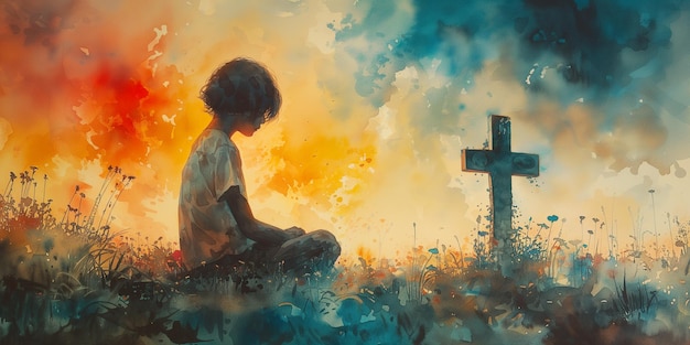 Enfant priant croix religieuse église chrétienne croyance concept de foi catholique et protestant
