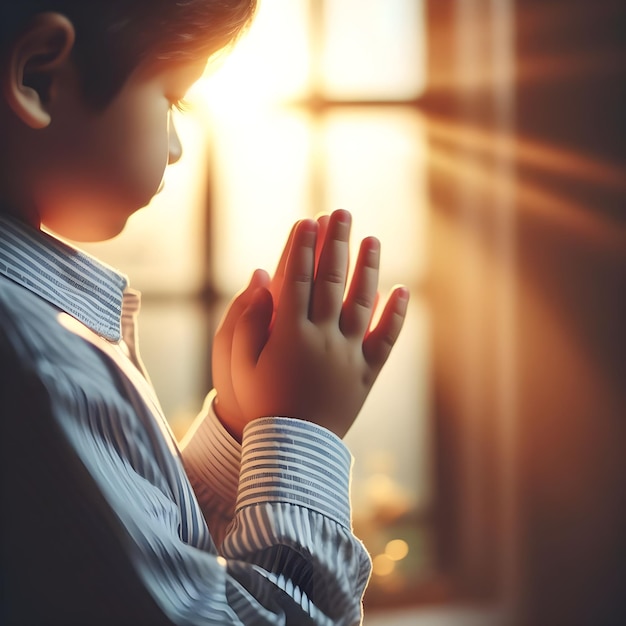Enfant priant paisiblement dans la lumière douce du matin à l'intérieur