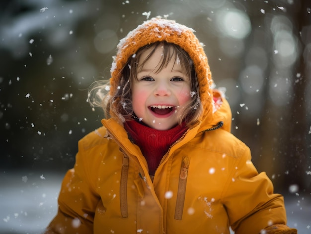 un enfant profite de la journée d'hiver enneigée dans une pose ludique