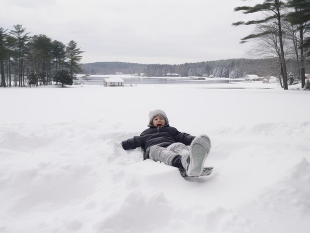 un enfant profite de la journée d'hiver enneigée dans une pose ludique