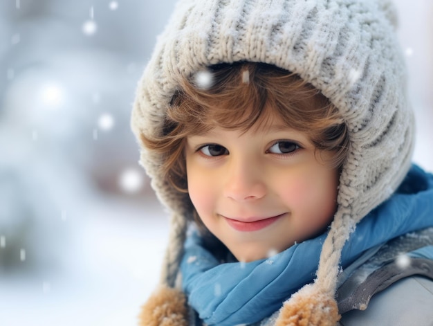 un enfant profite de la journée d'hiver enneigée dans une pose ludique