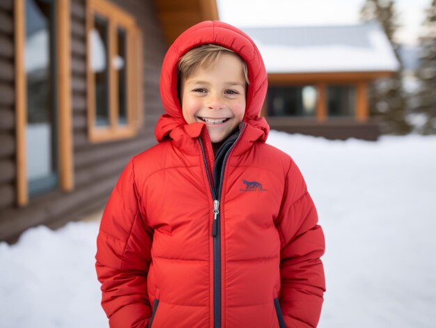 un enfant profite de la journée d'hiver enneigée dans une pose ludique