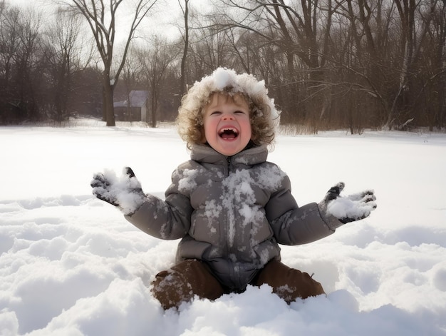 un enfant profite de la journée d'hiver enneigée dans une pose ludique