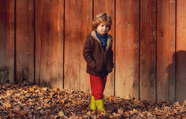 Enfant sur une promenade sur fond de bois d'automne.