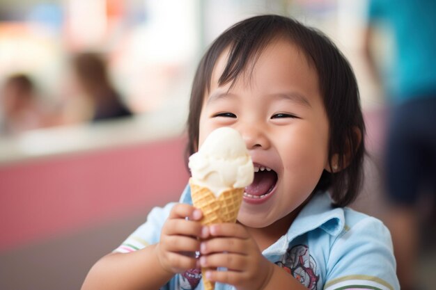 Un enfant qui mange de la crème glacée.