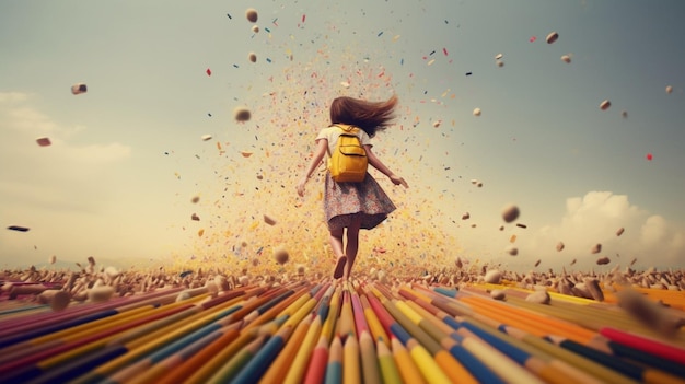 Photo un enfant qui marche sur des crayons de couleur