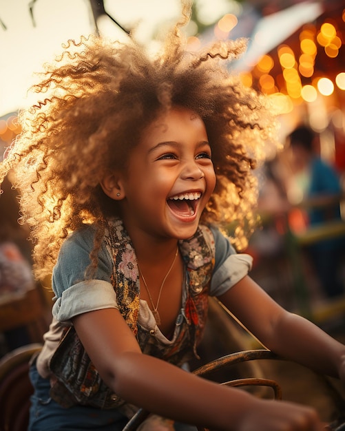 Un enfant qui rit joyeusement sur un carrousel lors de la célébration du carnaval de la ville