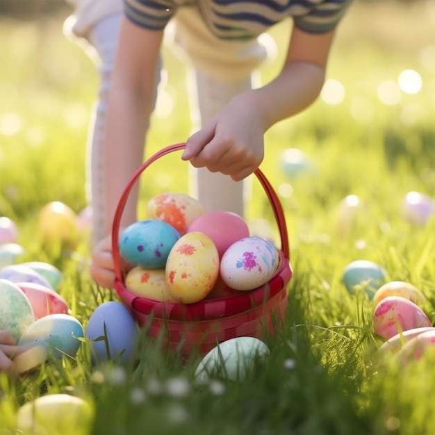 Un Enfant Ramasse Des Oeufs De Pâques Dans Un Panier