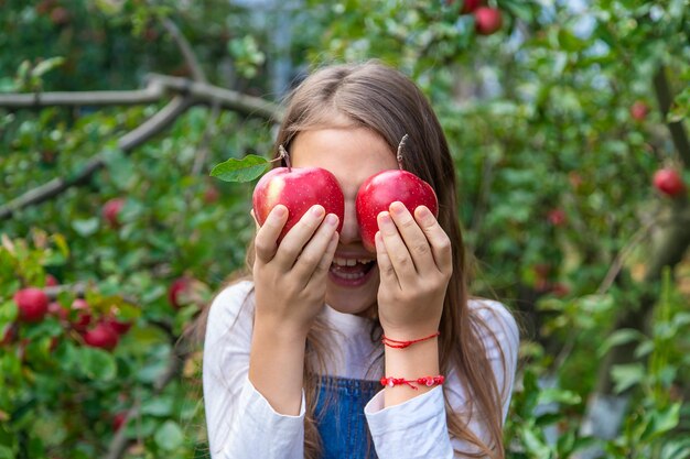 Un enfant récolte des pommes dans le jardin Mise au point sélective