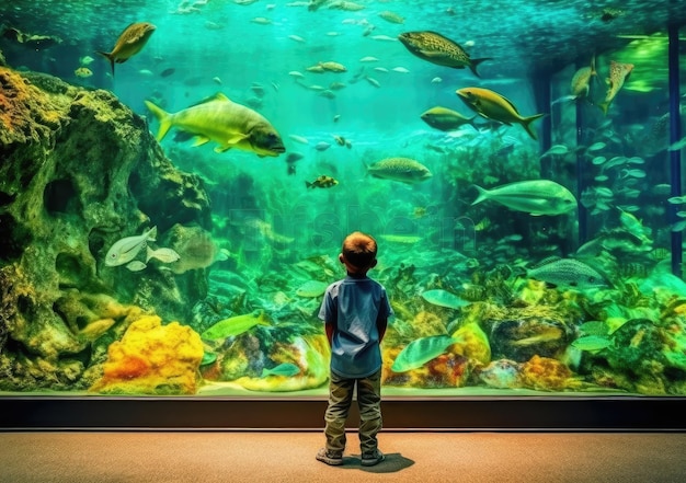 Enfant regardant le banc de poissons nageant dans l'océanarium