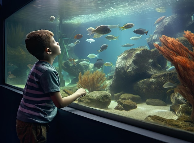 Enfant regardant le banc de poissons nageant dans l'océanarium