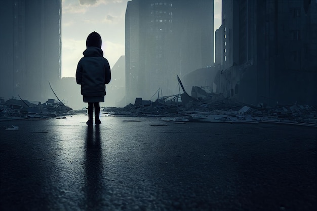 Enfant regardant les bâtiments et le paysage urbain détruits lors du tremblement de terre La tragédie a bouleversé le désespoir AI générative