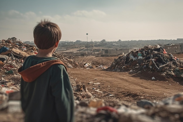 Photo enfant regardant une décharge près de la ville generative ai