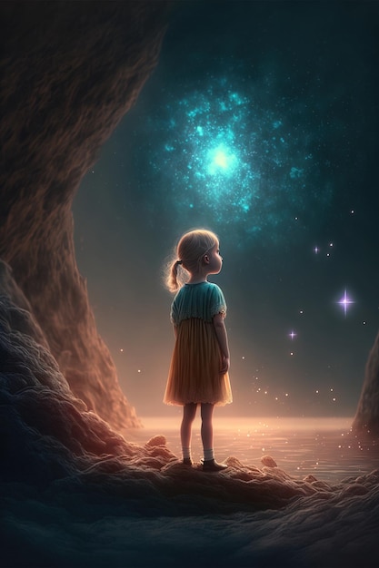 enfant regardant les étoiles atmosphère de rêve d'enfant ai générative