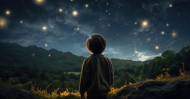 enfant regardant les étoiles, l'innocence et l'émerveillement mêlés à des rêves illimités comme le ciel