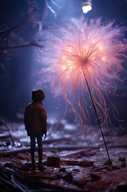 un enfant regardant une grande fleur rose