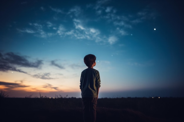 Un enfant regardant l'horizon isolé sur un fond de gradient de crépuscule