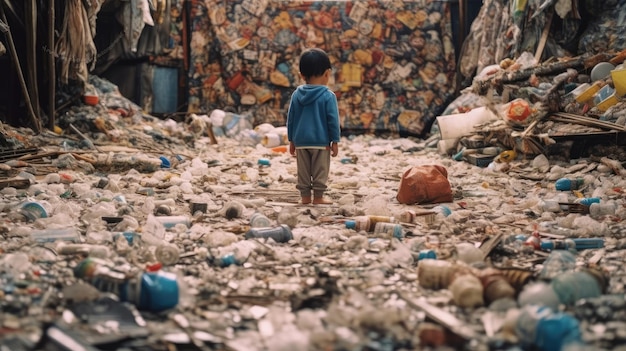 Un enfant regarde des déchets plastiques