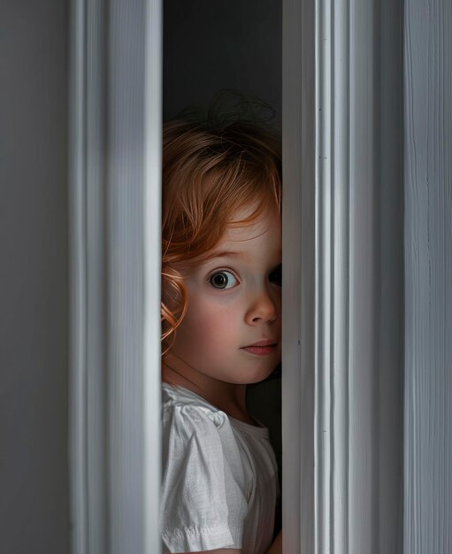 Un enfant regarde de derrière la porte.