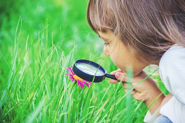 Photo l'enfant regarde à la loupe. augmenter. mise au point sélective.