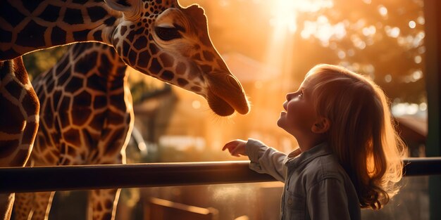 Un enfant rencontre une girafe au coucher du soleil un moment magique de connexion une silhouette de pure joie et d'émerveillement AI