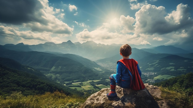 Un enfant rêvant d'un super-héros dans la montagne