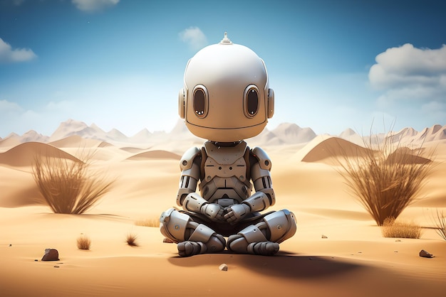 Un enfant robot est assis en position du lotus et médite sur fond désertique, le concept scientifique futuriste de la vie postapocalypse génère une IA