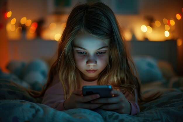 Une enfant s'amusant en jouant à un jeu sur son smartphone dans sa chambre Ai générative