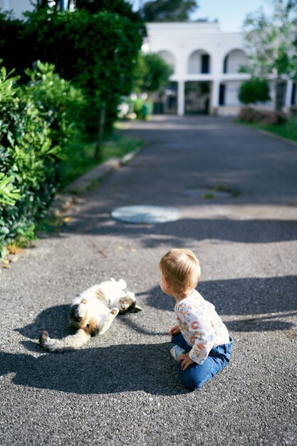 L'enfant s'assied sur le chemin dans le jardin à côté d'un chat couché