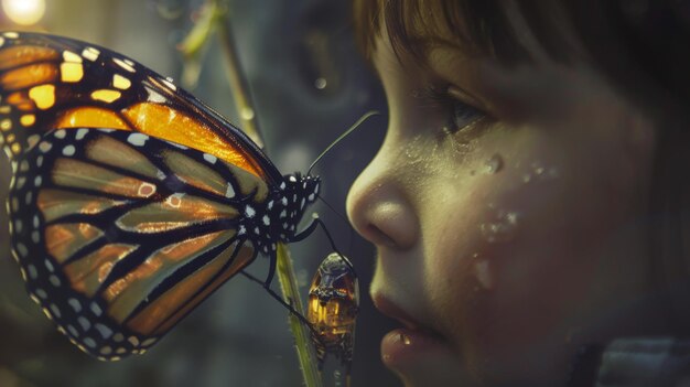 Photo un enfant s'émerveille d'un papillon monarque émergeant de sa chrysalide témoignant de la transformation miraculeuse de la chenille en papillon de près