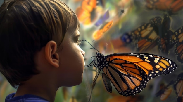 Photo un enfant s'émerveille d'un papillon monarque émergeant de sa chrysalide témoignant de la transformation miraculeuse de la chenille en papillon de près