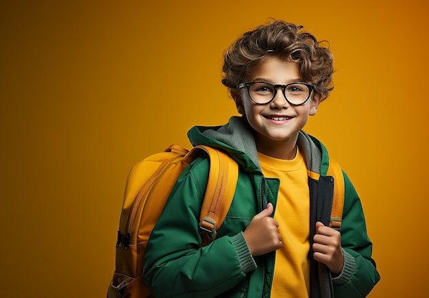 Un enfant avec un sac à dos et des livres sur fond jaune