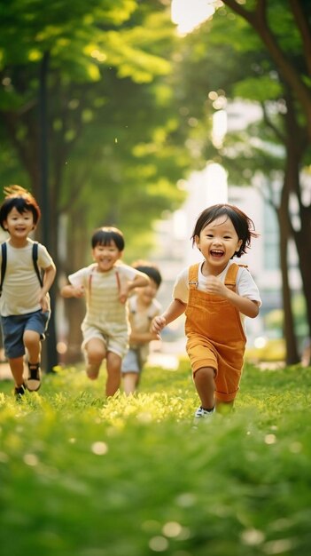 un enfant avec un sac à dos sur son dos court dans l'herbe