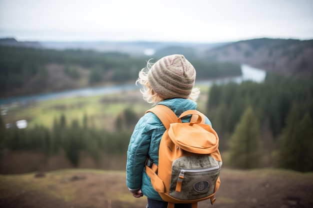 Enfant avec sac à dos surplombant une vallée boisée